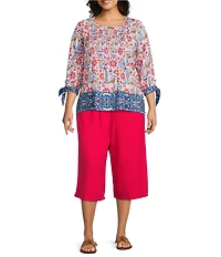 Allison Daley Plus Size Pomegranate Floral Vine Border 3/4 Tie Sleeve Keyhole Neck Knit Top