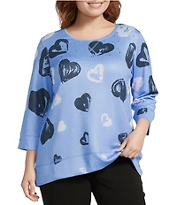 Allison Daley Plus Size Provence Blue Cascading Hearts Print 3/4 Sleeve Crew Neck Scuba Knit Embellished Top