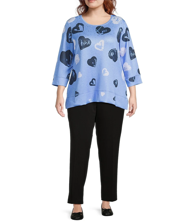 Allison Daley Plus Size Provence Blue Cascading Hearts Print 3/4 Sleeve Crew Neck Scuba Knit Embellished Top