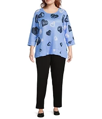 Allison Daley Plus Size Provence Blue Cascading Hearts Print 3/4 Sleeve Crew Neck Scuba Knit Embellished Top