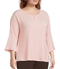 Allison Daley Plus Size Pucker Knit 3/4 Sleeve Keyhole Neck Top