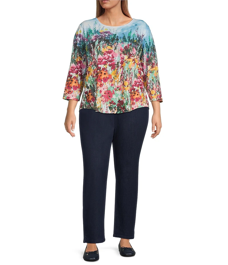 Allison Daley Plus Size Rhubarb Floral Vale Print Embellished 3/4 Sleeve Crew Neck Knit Top