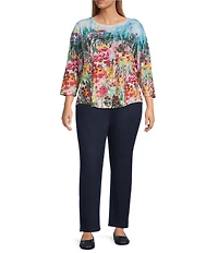 Allison Daley Plus Size Rhubarb Floral Vale Print Embellished 3/4 Sleeve Crew Neck Knit Top