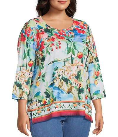 Allison Daley Plus Size Riverside Border Print 3/4 Sleeve Crew Neck Knit Top