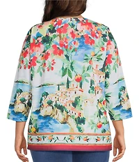 Allison Daley Plus Size Riverside Border Print 3/4 Sleeve Crew Neck Knit Top