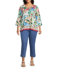 Allison Daley Plus Size Riverside Border Print 3/4 Sleeve Crew Neck Knit Top