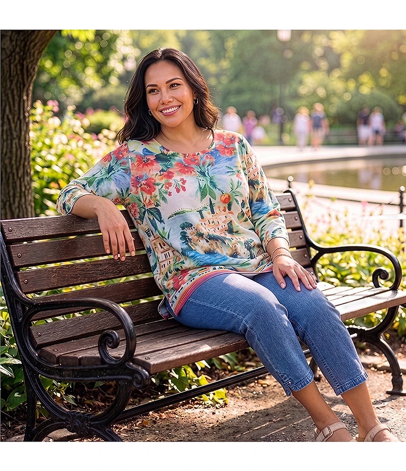Allison Daley Plus Size Riverside Border Print 3/4 Sleeve Crew Neck Knit Top