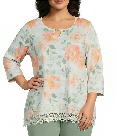 Allison Daley Plus Size Roses Stripe Print 3/4 Sleeve Keyhole Neck Top