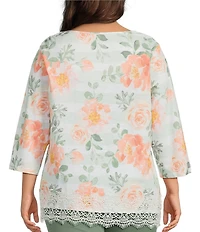 Allison Daley Plus Size Roses Stripe Print 3/4 Sleeve Keyhole Neck Top