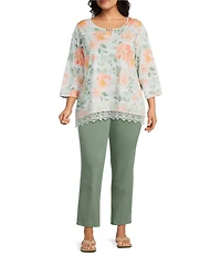 Allison Daley Plus Size Roses Stripe Print 3/4 Sleeve Keyhole Neck Top