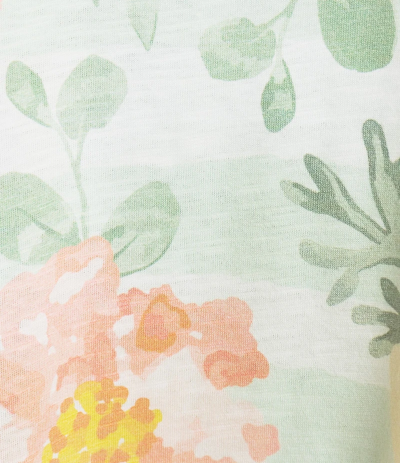 Allison Daley Plus Size Roses Stripe Print 3/4 Sleeve Keyhole Neck Top