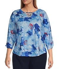 Allison Daley Plus Size Shell Melange Print 3/4 Sleeve Crew Neckline Knit Top