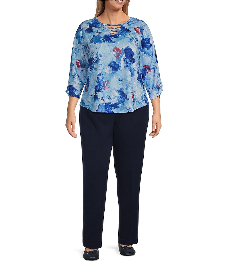 Allison Daley Plus Size Shell Melange Print 3/4 Sleeve Crew Neckline Knit Top