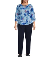 Allison Daley Plus Size Shell Melange Print 3/4 Sleeve Crew Neckline Knit Top