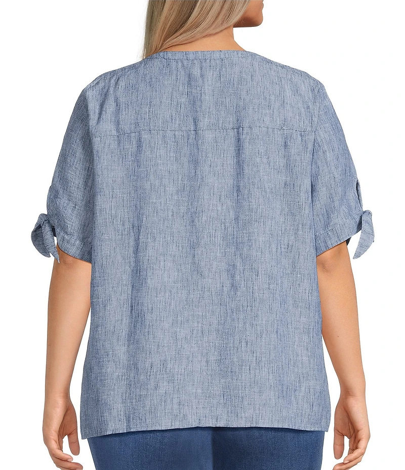 Allison Daley Plus Size Short Tie Sleeve Button Front Y-Neck Top
