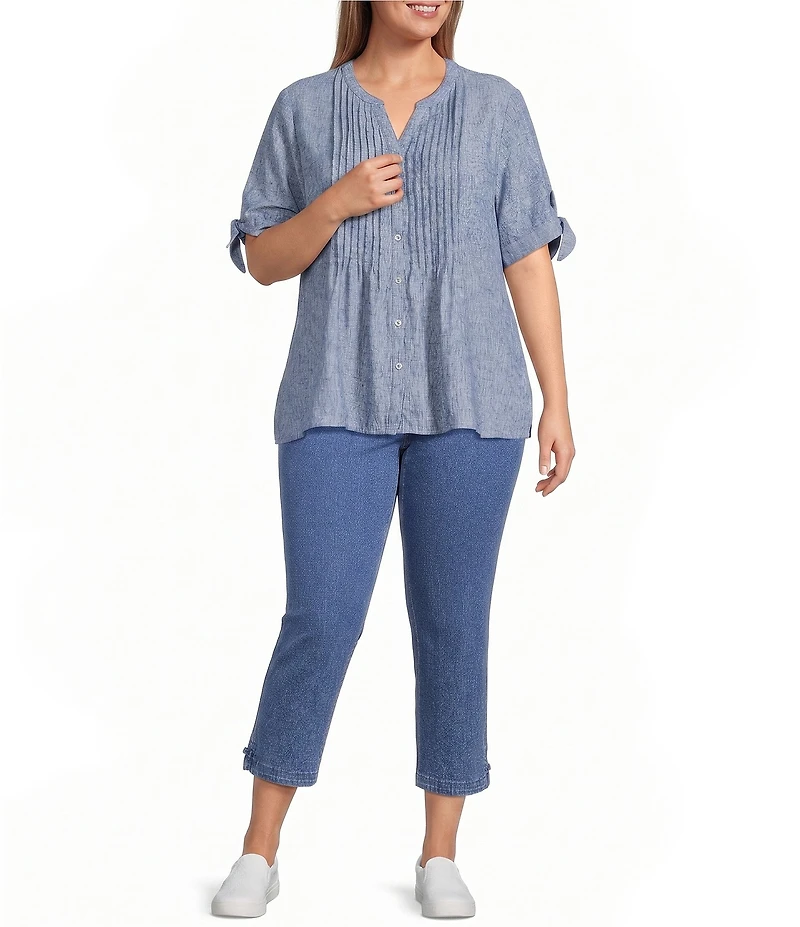 Allison Daley Plus Size Short Tie Sleeve Button Front Y-Neck Top