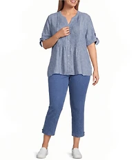 Allison Daley Plus Size Short Tie Sleeve Button Front Y-Neck Top