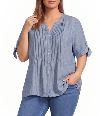 Allison Daley Plus Size Short Tie Sleeve Button Front Y-Neck Top