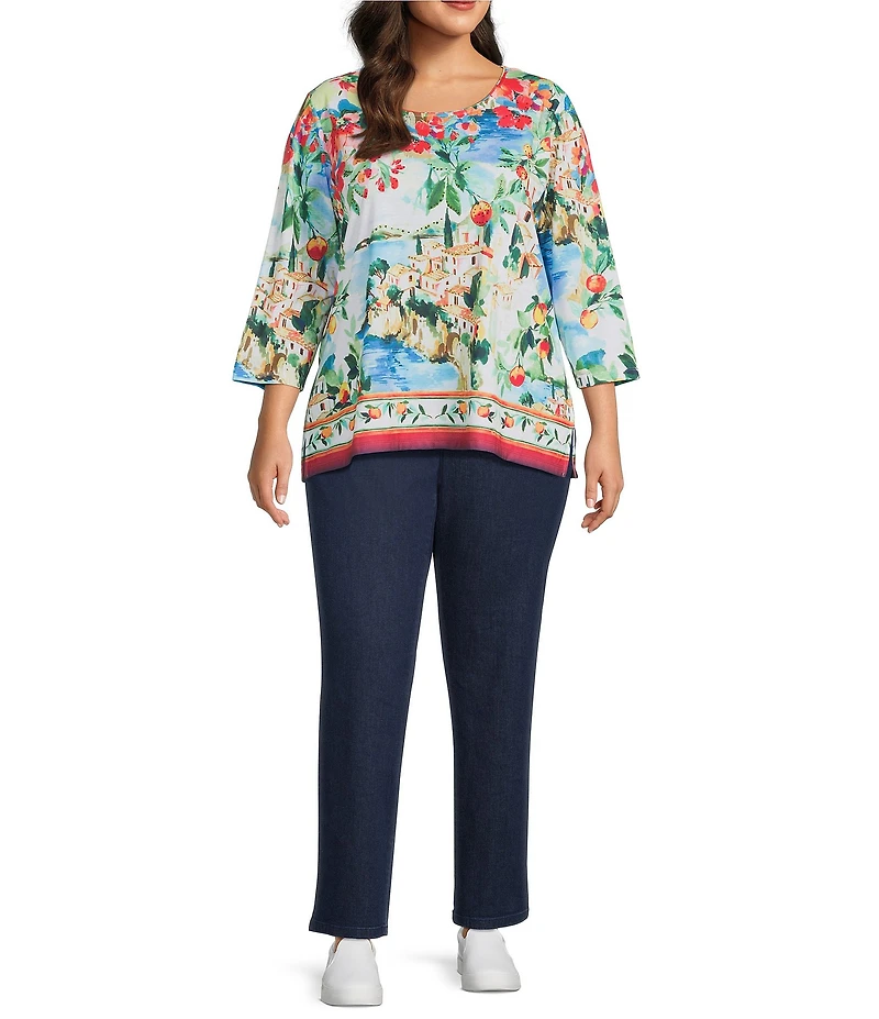 Allison Daley Plus Size Stretch Denim Straight Leg Elastic Waist Pull-On Pants