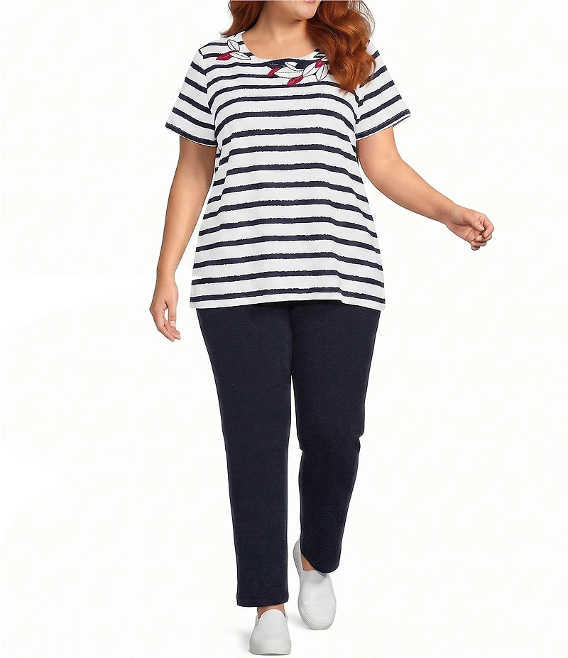Allison Daley Plus Size Stripe Short Sleeve Crew Neck Knit Top