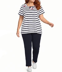 Allison Daley Plus Size Stripe Short Sleeve Crew Neck Knit Top