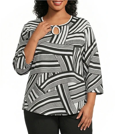 Allison Daley Plus Size Stripe Waves Print 3/4 Sleeve Keyhole Neck Knit Top