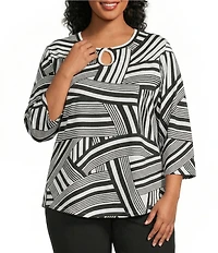Allison Daley Plus Size Stripe Waves Print 3/4 Sleeve Keyhole Neck Knit Top