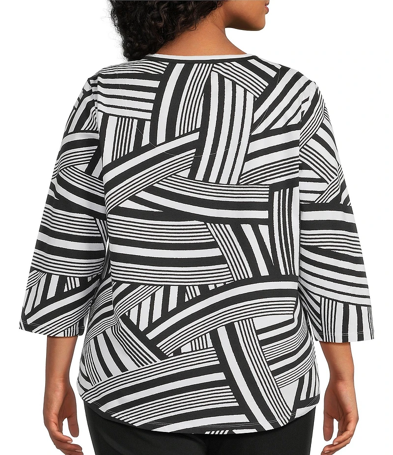 Allison Daley Plus Size Stripe Waves Print 3/4 Sleeve Keyhole Neck Knit Top