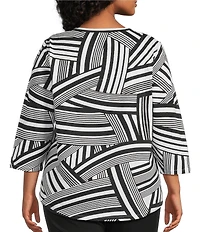 Allison Daley Plus Size Stripe Waves Print 3/4 Sleeve Keyhole Neck Knit Top