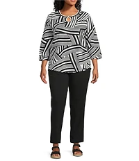 Allison Daley Plus Size Stripe Waves Print 3/4 Sleeve Keyhole Neck Knit Top