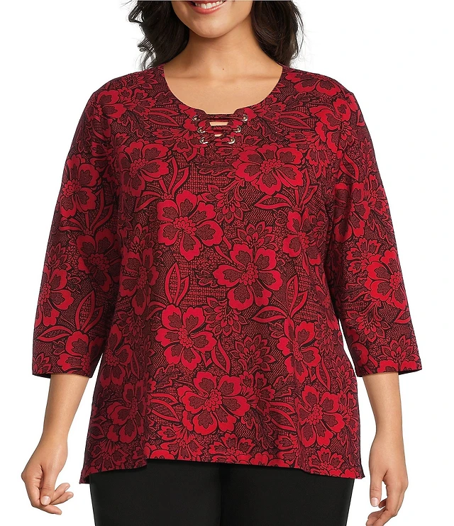 Allison Daley Tango Red Floral Print 3/4 Sleeve Split-V Neck Knit
