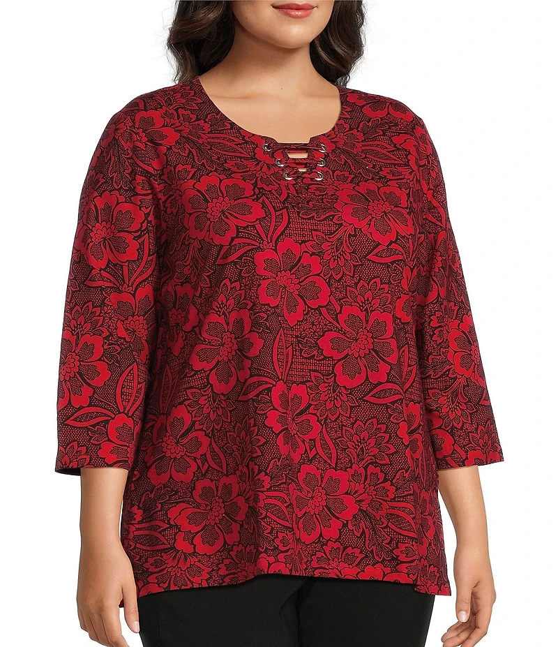 Allison Daley Plus Size Tango Red Floral Print 3/4 Sleeve Split-V Neck Knit Top