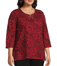 Allison Daley Plus Size Tango Red Floral Print 3/4 Sleeve Split-V Neck Knit Top