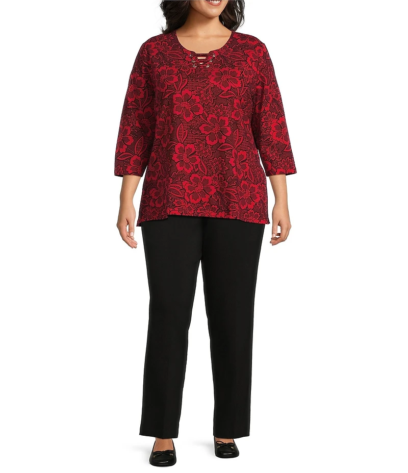Allison Daley Plus Size Tango Red Floral Print 3/4 Sleeve Split-V Neck Knit Top