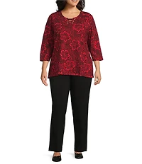 Allison Daley Plus Size Tango Red Floral Print 3/4 Sleeve Split-V Neck Knit Top