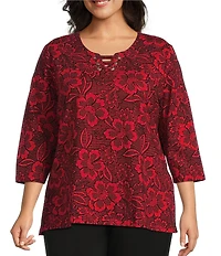 Allison Daley Plus Size Tango Red Floral Print 3/4 Sleeve Split-V Neck Knit Top