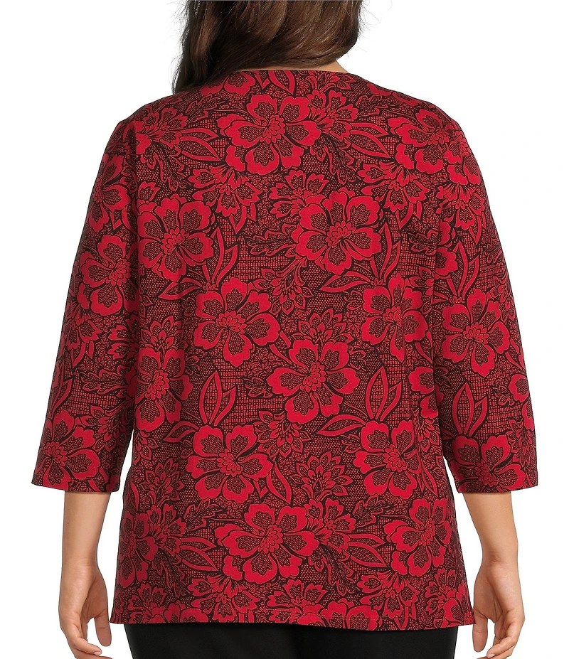 Allison Daley Plus Size Tango Red Floral Print 3/4 Sleeve Split-V Neck Knit Top
