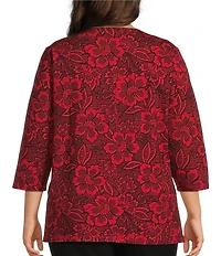 Allison Daley Plus Size Tango Red Floral Print 3/4 Sleeve Split-V Neck Knit Top