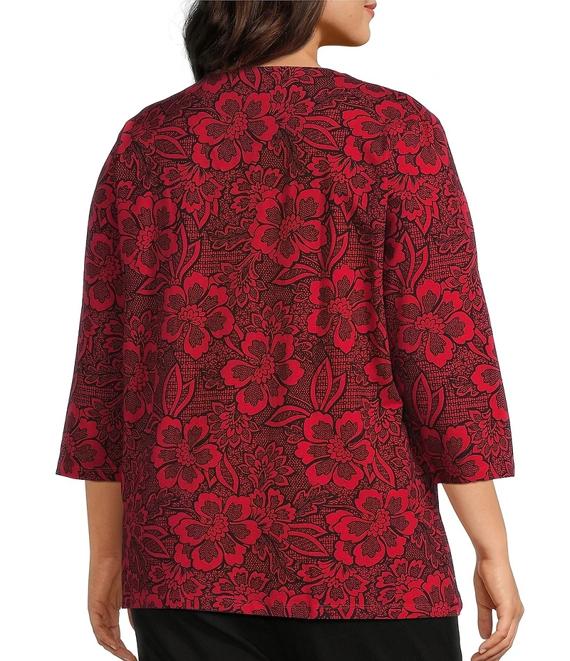 Allison Daley Plus Size Tango Red Floral Print 3/4 Sleeve Split-V Neck Knit Top