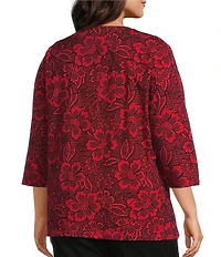 Allison Daley Plus Size Tango Red Floral Print 3/4 Sleeve Split-V Neck Knit Top