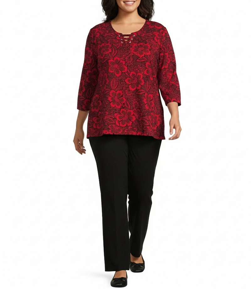 Allison Daley Plus Size Tango Red Floral Print 3/4 Sleeve Split-V Neck Knit Top