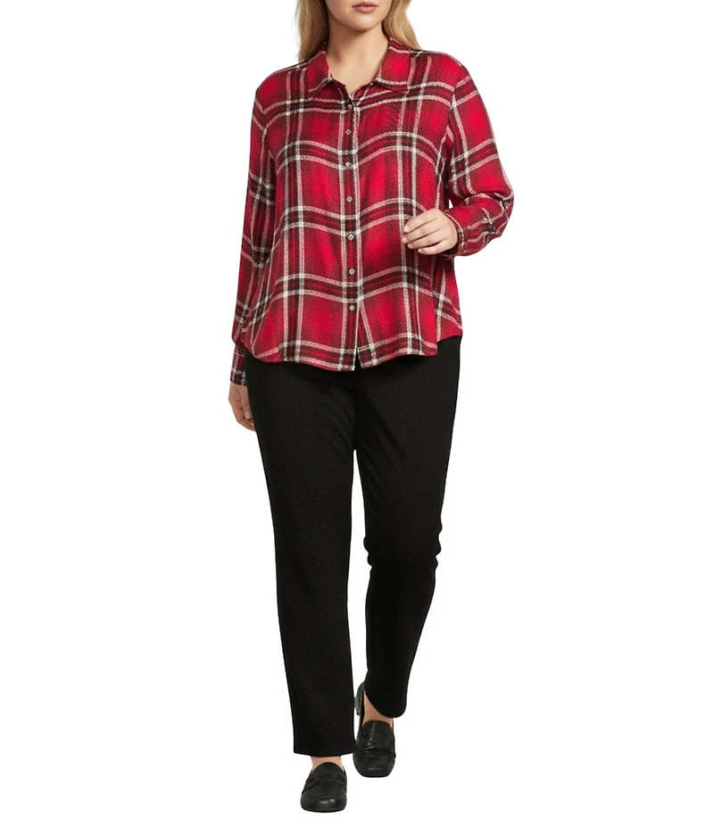 Allison Daley Plus Size Tango Red Ombre Plaid Long Sleeve Point Collar Button Front Shirt