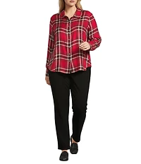 Allison Daley Plus Size Tango Red Ombre Plaid Long Sleeve Point Collar Button Front Shirt