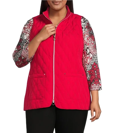 Allison Daley Plus Size Tango Red Trapunto Quilted Sleeveless Two-Way Zip-Up Vest