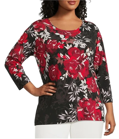 Allison Daley Plus Size Tango Red Vintage Rose Embellished 3/4 Sleeve Crew Neck Knit Top