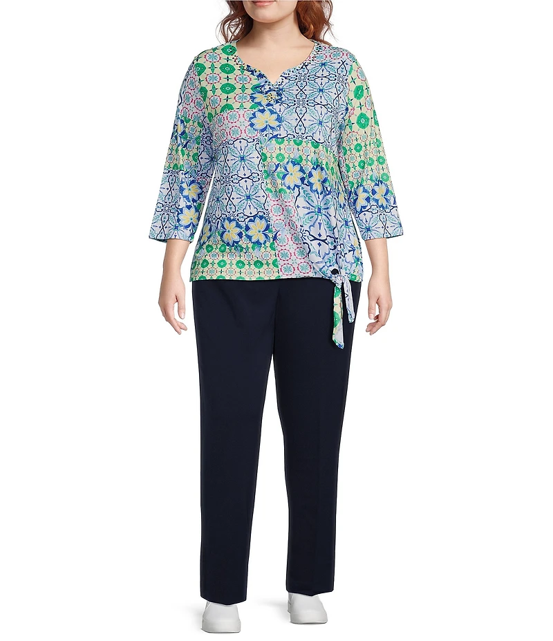 Allison Daley Plus Size Tile Block Print 3/4 Sleeve Split V-Neck Tie Hem Knit Top