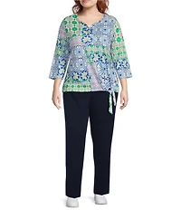 Allison Daley Plus Size Tile Block Print 3/4 Sleeve Split V-Neck Tie Hem Knit Top
