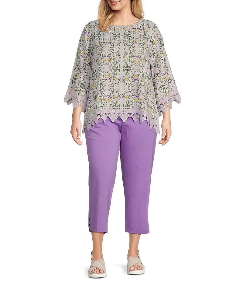 Allison Daley Plus Size Trellis Floral Print 3/4 Sleeve Crew Neck Lace Detail Blouse