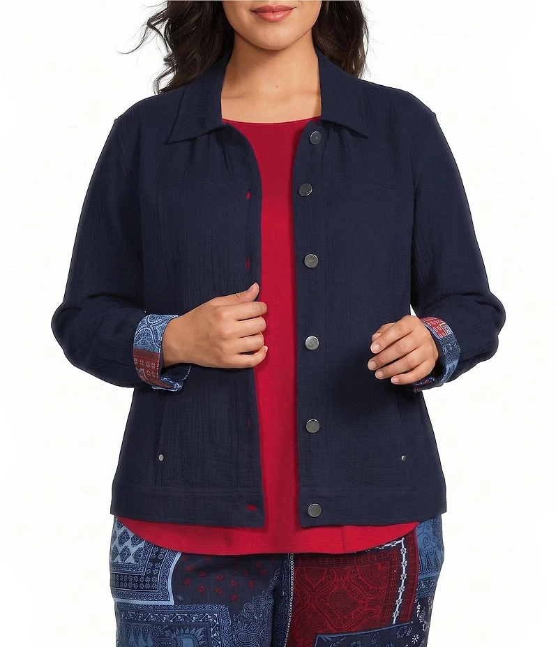 Allison Daley Plus Size True Navy Bandana Long Sleeve Button Front Soft Jacket