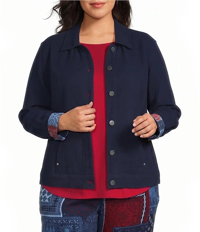 Allison Daley Plus Size True Navy Bandana Long Sleeve Button Front Soft Jacket